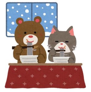 そばを食べるクマとネコ