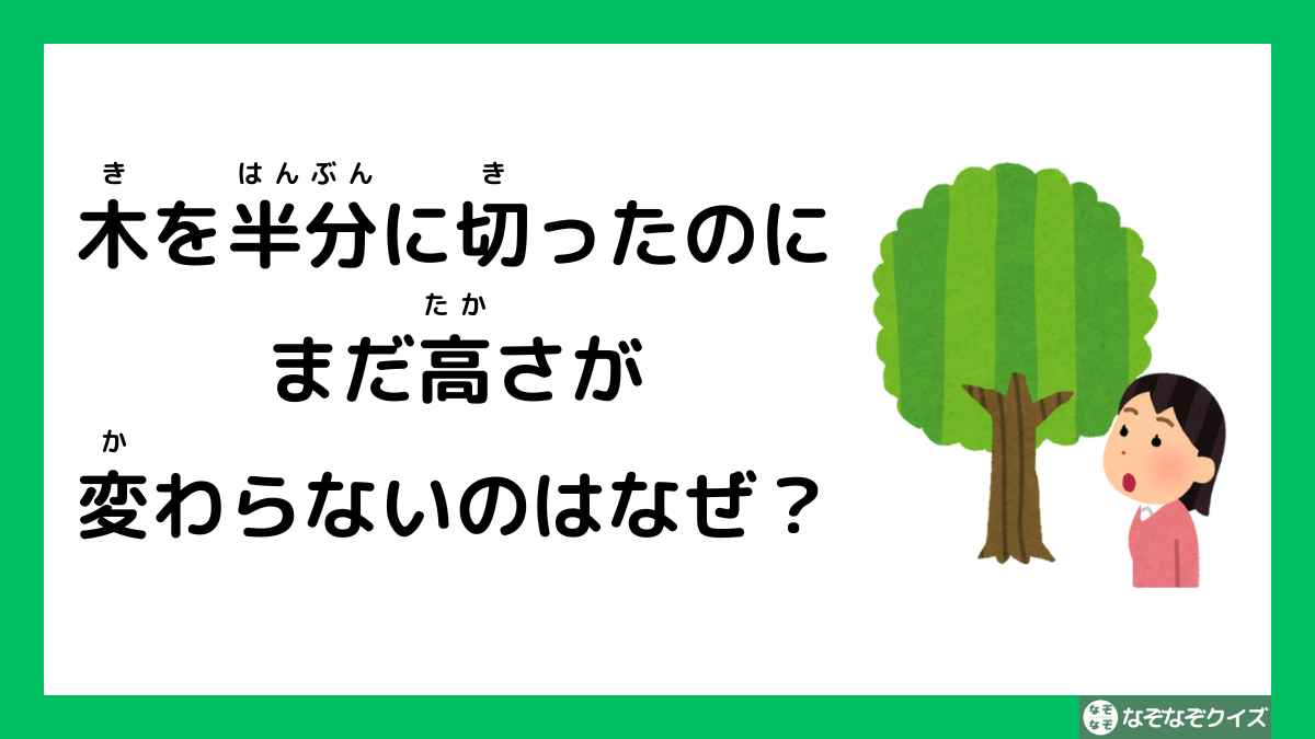 なぞなぞクイズ：木を半分に切ったのに、高さが変わらないのはなぜ？